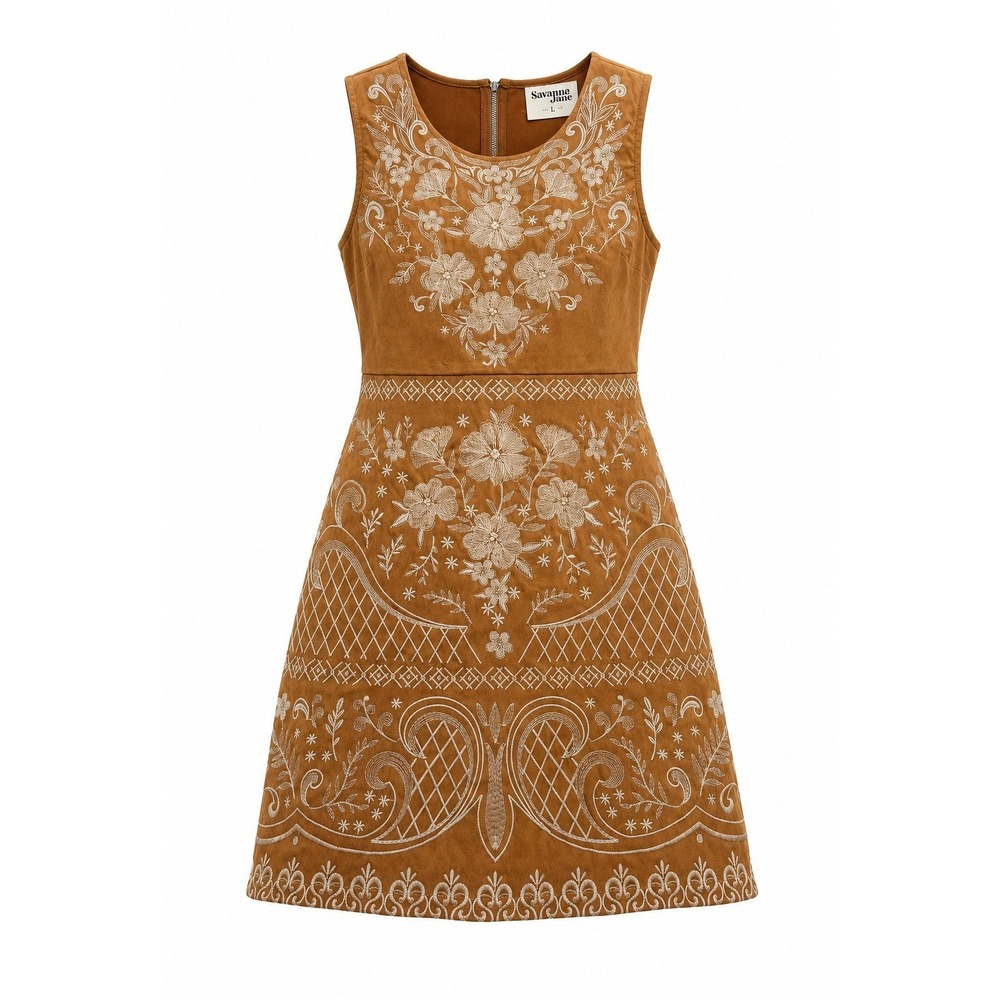 Savanna Jane Women's L Faux Suede Embroidered A-Line Mini Dress Boho Western
